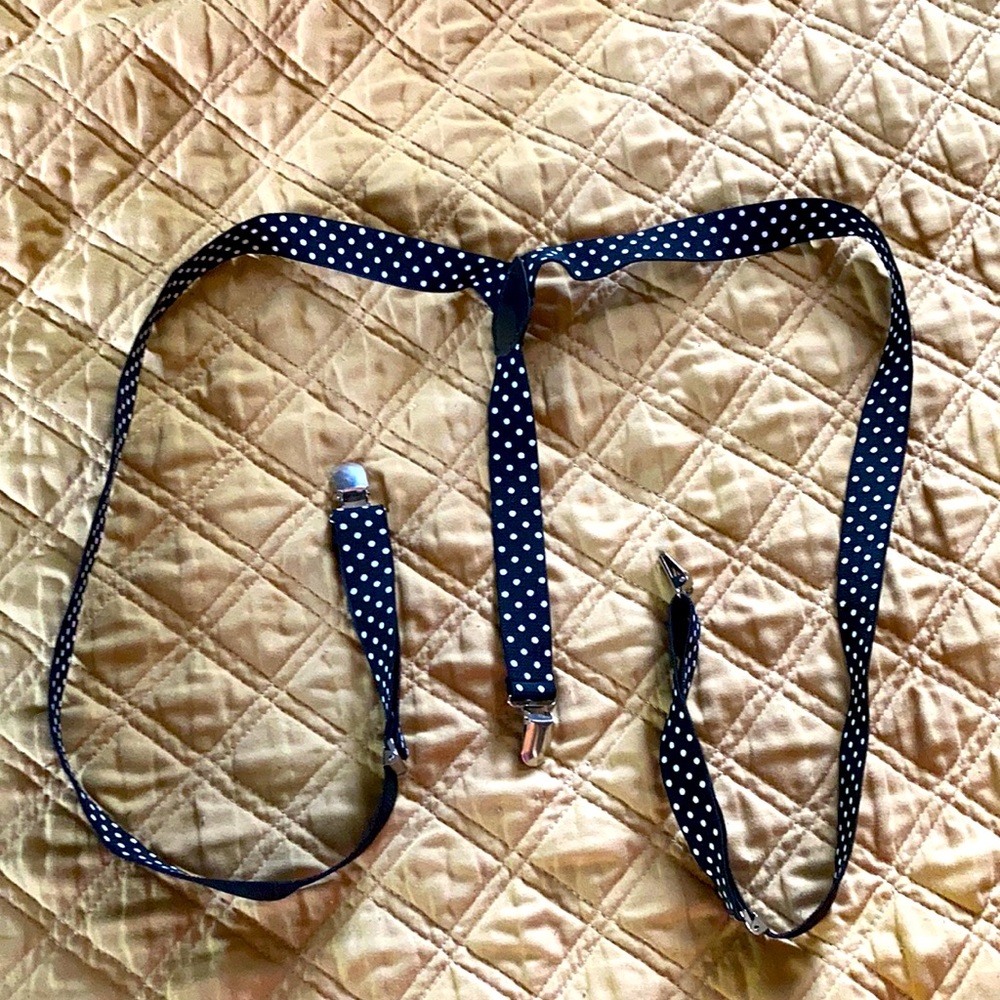 Suspenders, black with white polka dots and silver clips